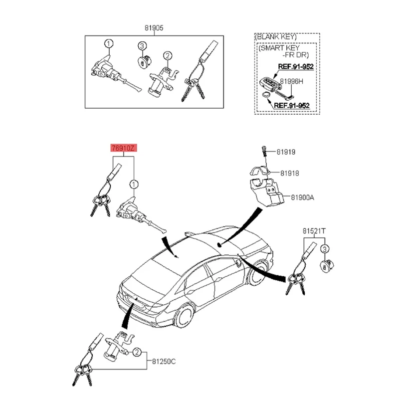 81970-3SA00 Front Door Lock Cylinder W/2 Keys for Hyundai Sonata 2009-2014 Secondary Key Assembly Left Driver