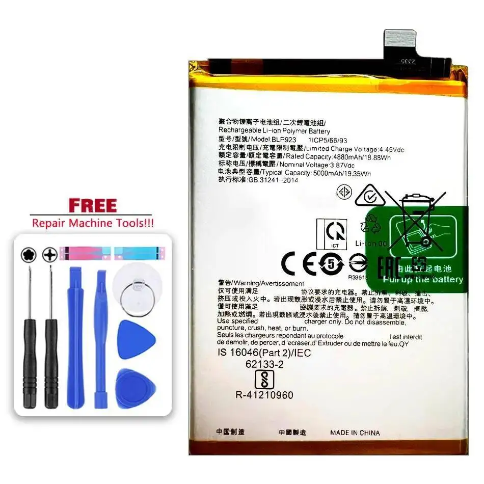 

Mobile Phone Battery BLP923 5000Mah For Oppo A77 5G A57 2022 2020 Realme C51 11X Oneplus Nord N300 N20 SE