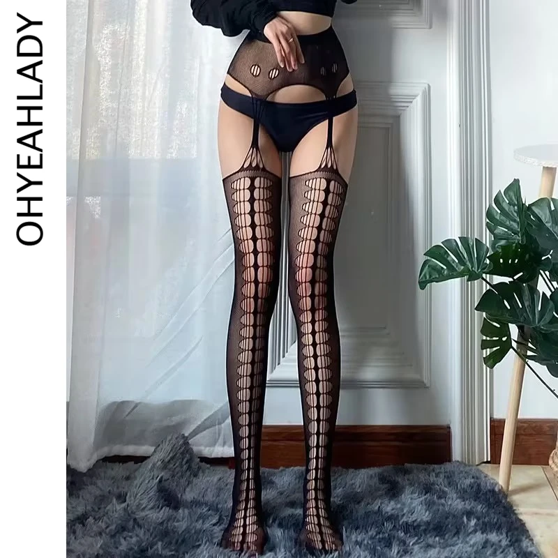 

Ohyeahlady Black Mesh Sexy Tights Hollow Out Fishnet Garter Pantyhose Plus Size M XL Elastic Lingerie Socks Suspenders Stockings