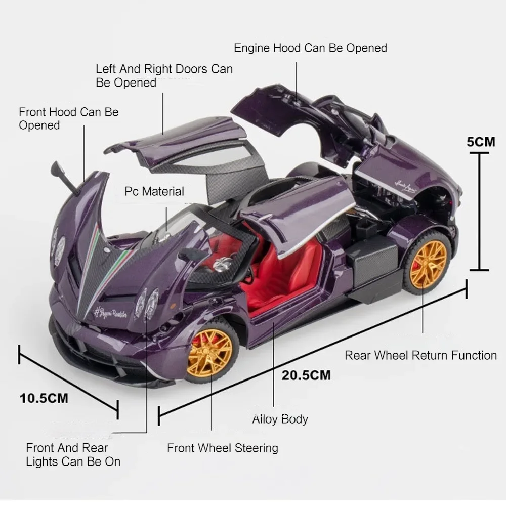 1/24 PAGANI HUAYRA Car Toys Model Alloy Diecast Vehicle Metal Body Doors Opened Rubber Tires Sound Light Pull Back Toy Kids Gift