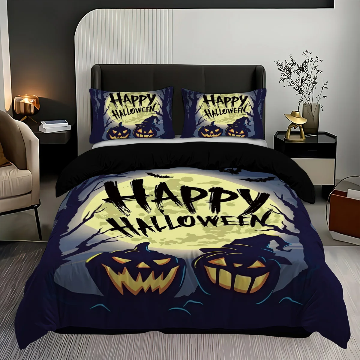 Bettwäsche-Set mit Halloween-Motiv, 3D-gedrucktes Bettbezug-Set, hautfreundlich, für Einzelbett, Doppelbett, Halloween-Dekor, Bettbezug-Set – Detail 3