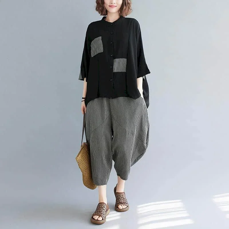 

Striped Pants Sets Oversized Half Sleeve Shirts and Casual Harem Pants Artistic New in Matching Sets Two Piece Sets for Women