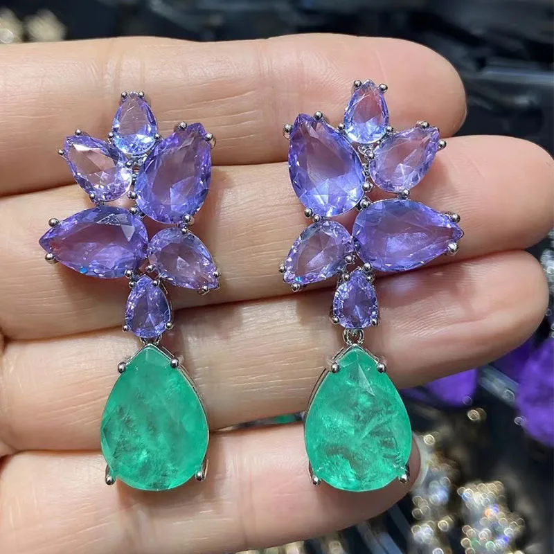 Green Dangle Earrings for Women Jewelry for Evening Party Cubic Zirconia Colorful Leaf Plant Drop Earrings Female Gift