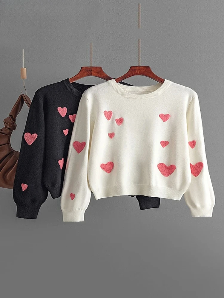 

Women's Embroidered Heart Sweater, Knitted Pullover Long Sleeve Round Neck Jumper, Autumn Winter Warm Casual Tops