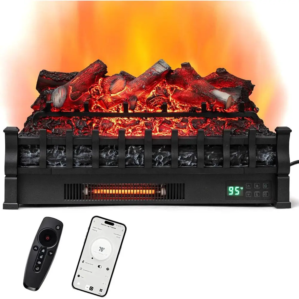 

Adjustable Flame Color & Brightness, 8H Timer, Overheat Protection, 1500W Electric Log Heater Set with Remote and Alexa Compatib