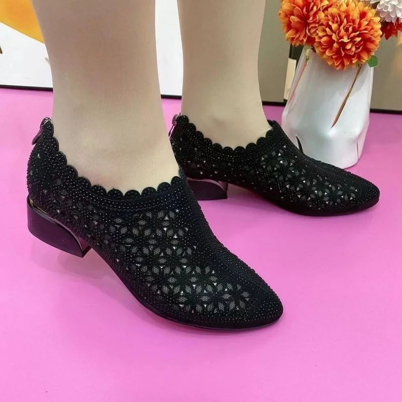 Summer Breathable Women Shoes Pointed Toe Slip-On Comfortable Fashion Air Mesh Chunky Heel Casual Female Shoes Size 35-41