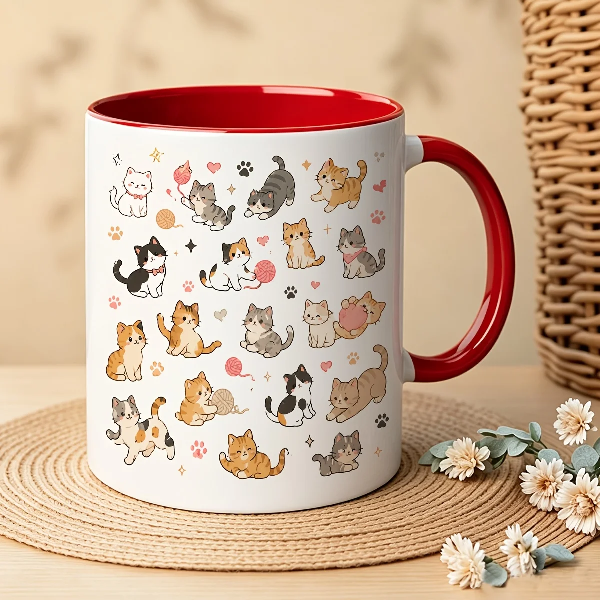 Cute 11oz Ceramic Cat Mug Paw Print Yarn Pattern Coffee Tea Milk Birthday Gift