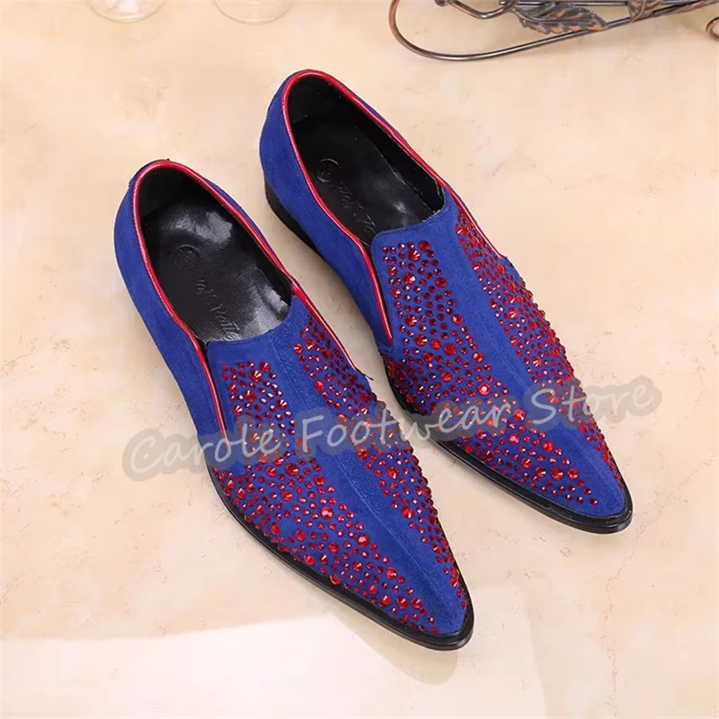 

Luxury Rhinestone Decor Mixed Color Male Derby Shoes Metal Pointed Toe Chunky Heel Loafers Wedding Business Dress Shoes for Men