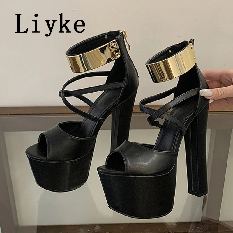 

Liyke/женские пикантные сандалии в стиле фетиш 16 см, модные туфли на толстой подошве с открытым носком и молнией на щиколотке, туфли на массивной платформе, черные туфли на высоком каблуке