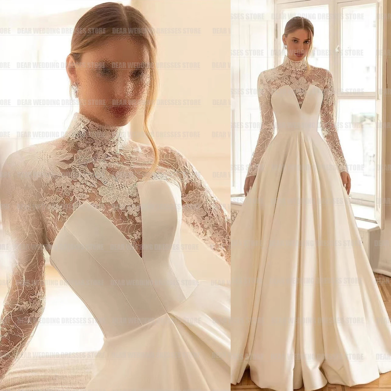 BOHO A Line abiti da sposa per donna semplice formale collo alto partito Sexy manica lunga pizzo raso abiti da sposa Vestidos De Novia