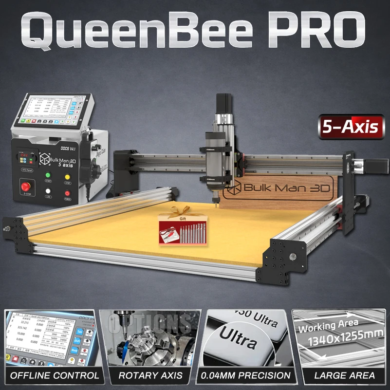 

Фрезерный станок BulkMan3D QueenBee PRO с 5 осями, контроллером DDCSV4.1, шпинделем 2.2 кВт, двойными линейными направляющими, высокоточная гравировка по дереву и металлу