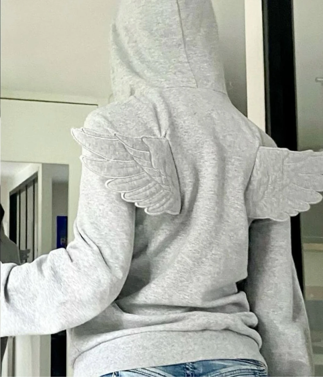 Y2k Street Grey Angel Wing Embroidered Hoodie Women Cute Kawaii Pullover Sweatshirt Wing Decoration Back Harajuku Loose Pullover