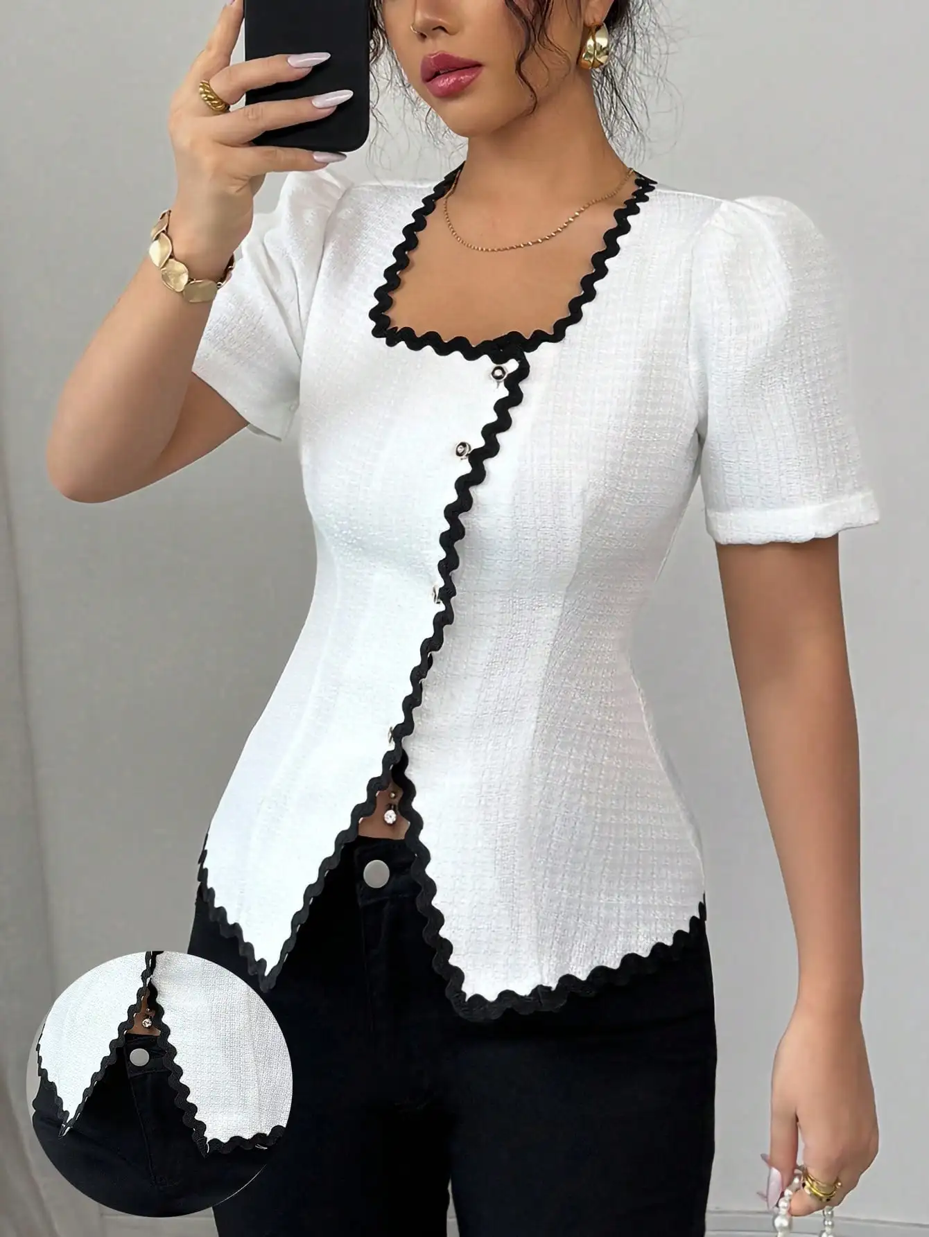 

Elegant square collar short-sleeved small fragrance style black lace splicing irregular opening placket buttoning women's shirt