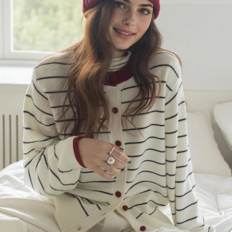 Fashion Cardigan Casual O-neck Long Sleeved Sweater Simple Striped Sweater Women's Autumn Elegant Knitted Jacket Korean Knitwear