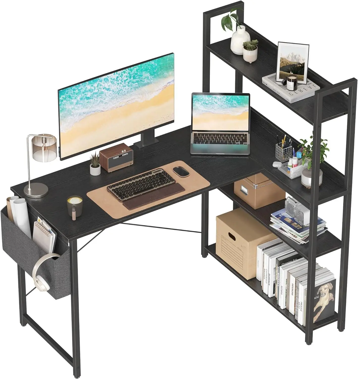 47 Inch Computer Desk with Bookshelf, Corner Desk with Storage, L Shaped Desk, Home Office Desks, Writing Study Desk , Black