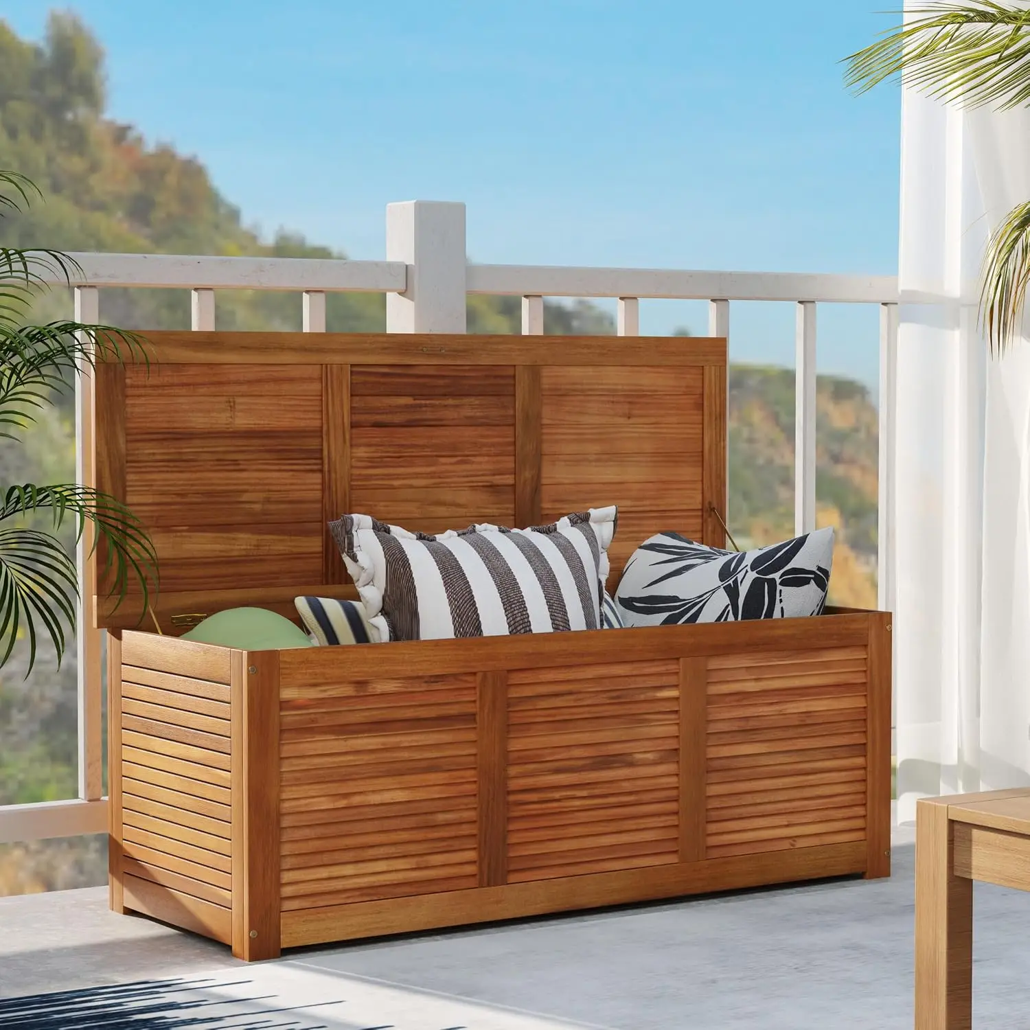 Deck Box Acacia Wood 46 Gallon Backyard Storage Bin Container Wooden Bench for Outdoor Patio Furniture Cushions Pillows Pool Accessories Garden Tools