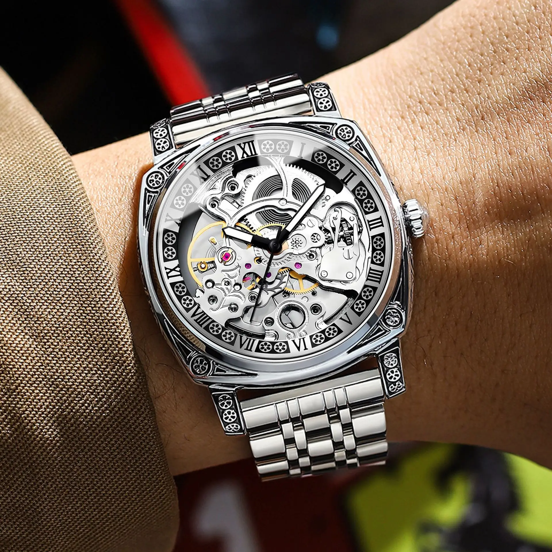 Luxury Skeleton Watch for Men Square Engraved Automatic Mechanical Watches Steel Leather Strap Luminous Hand Business Wristwatch