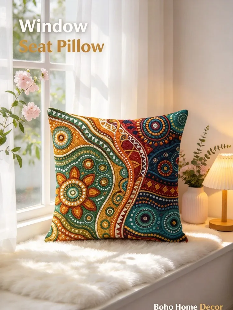 VIKAMA New Arrival Green Boho Pillow Cover, Colorful Orange Gold Geometric Mandala Decorative Cushion Case, Throw Pillowcase