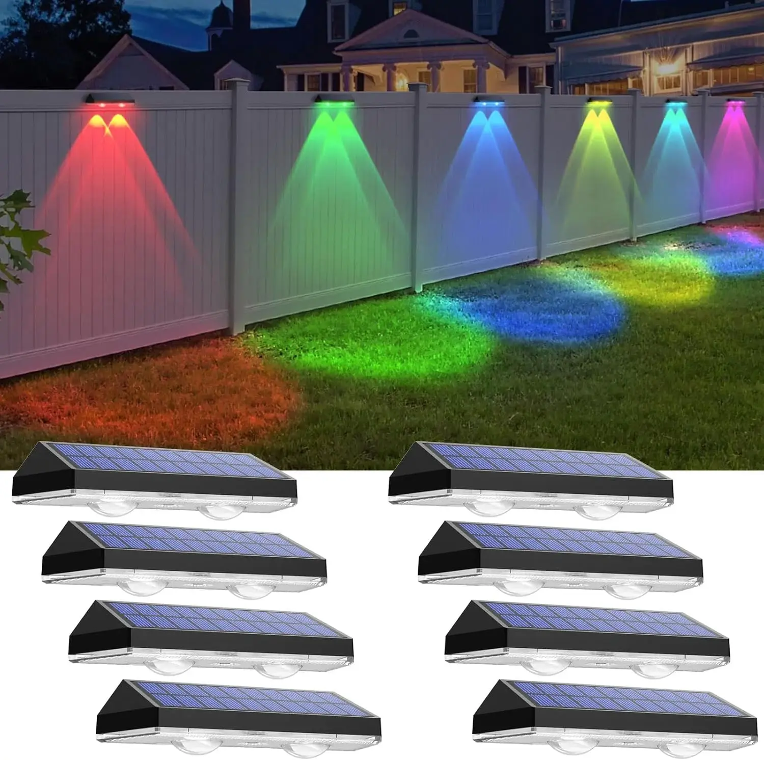 

8-Pack Solar Fence Lights with Warm White & RGB Colors, IP65 Waterproof for Outdoor Use
