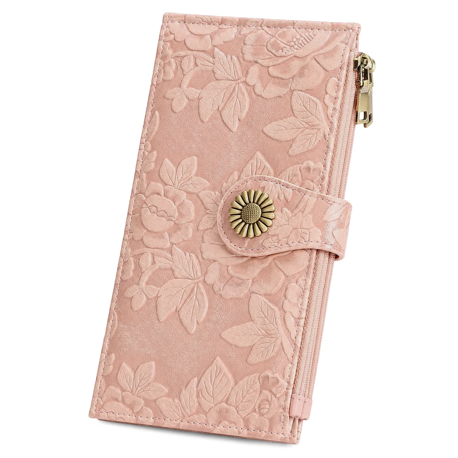 Women Long Wallet Light Pink PU Leather Embossed Floral Vintage Clutch Double Zipper Multi Card Slots ID Window Coin Purse