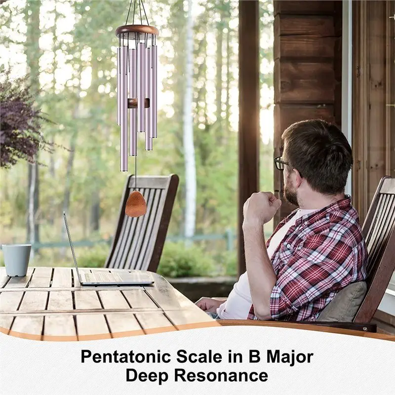 ABCA-Wind Chimes With Wood Hang Tag 6 Metal Tubes Courtyard Corridor Balcony Decor Retro Wood Metal Pipe Design