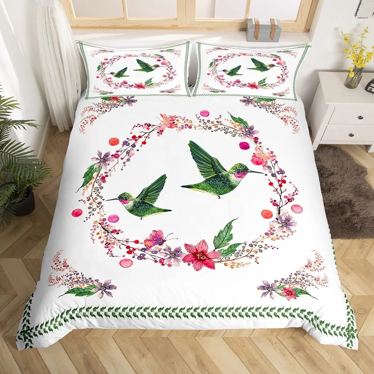 Floral Hummingbird King Queen Double Duvet Cover Blooming Flowers Bedding Set Birds Floral Comforter Cover Polyester Quilt Cover