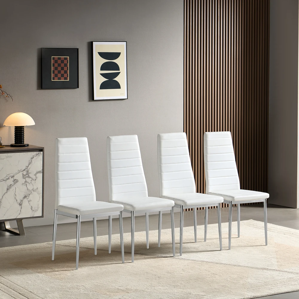 Set of 4 Modern PU Leather Dining Chairs, White Upholstered High Back Dining Room Chairs with Horizontal Stitched Backrest & Silver Chrome Plated Metal Legs for Kitchen Dining Room