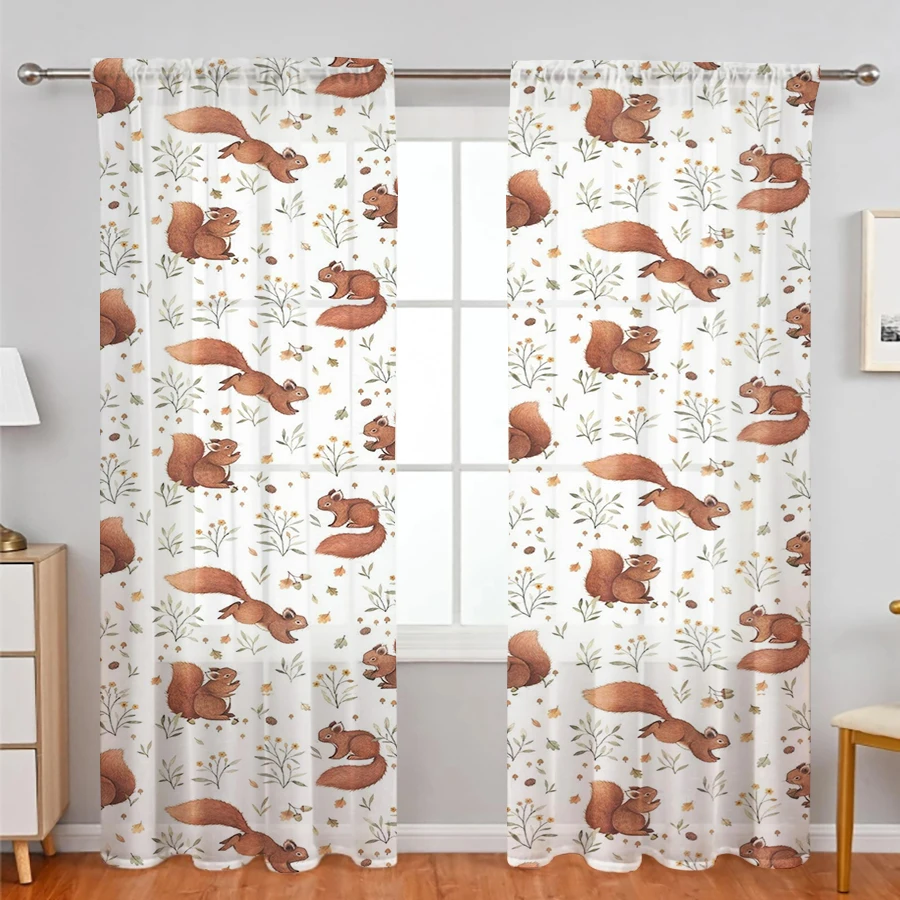 2枚セットの秋柄カーテン、茶色のリスと花のプリント、寝室やリ - Curtain Rods のレビューと価格
