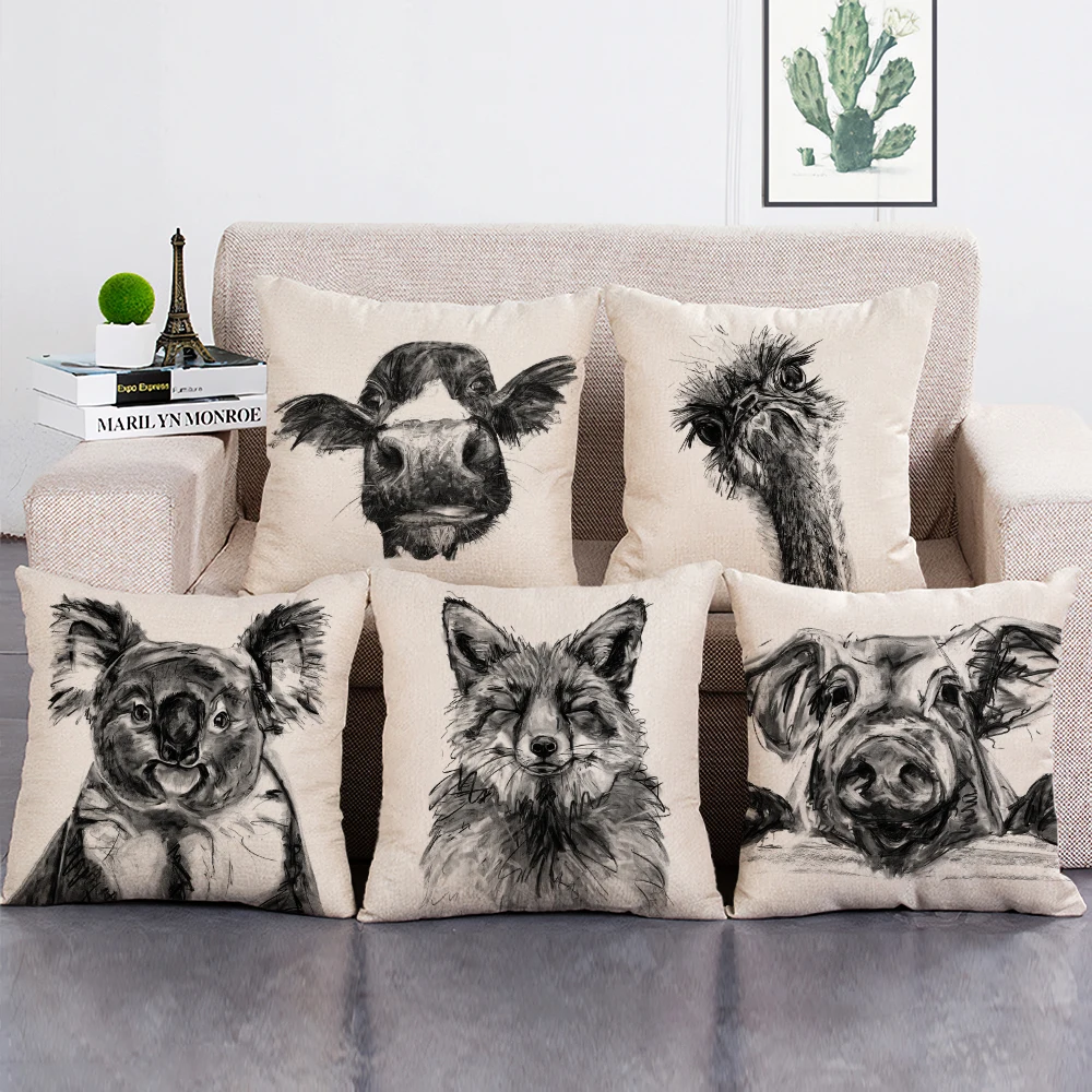 

Hand-Drawn Sketch Animals Cushion Cover Black White Cute Pig Printed Decorative Pillowcase for Sofa Home Decor or Hotel Use