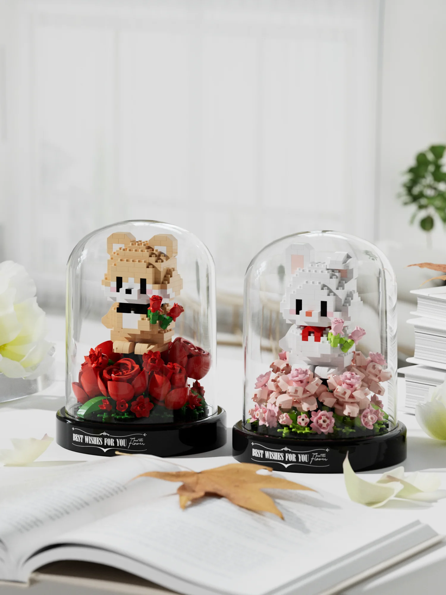 Cute dog eternal bouquet building blocks flower model home desk plant decoration assembled educational toys children's gifts