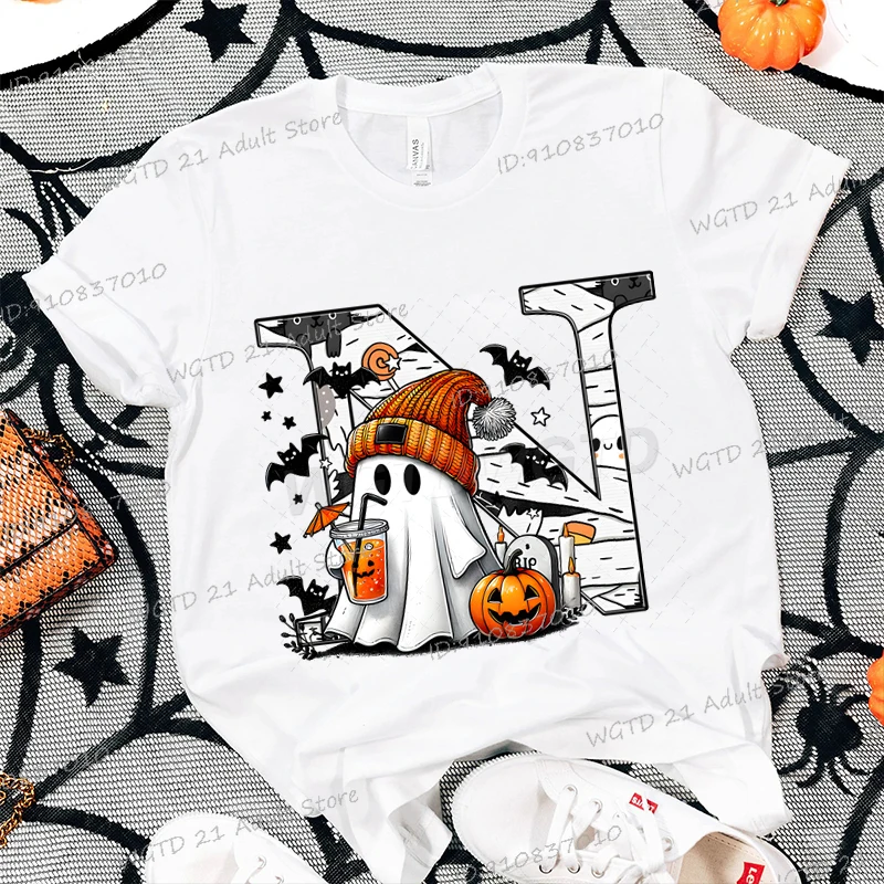 مضحك بو هالوين الأبجدية النساء بلايز الصيف موضة عادية تيز بلوزات مستديرة العنق تي شيرت شبح رسالة قصيرة الأكمام تي شيرت #1