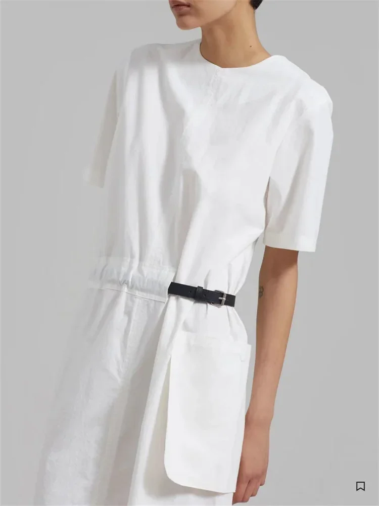 

Women Loose Fit White Midi Dress Large Pocket Vestidos Ladies O-Neck Short Sleeve Long Robe Waist with Sashes