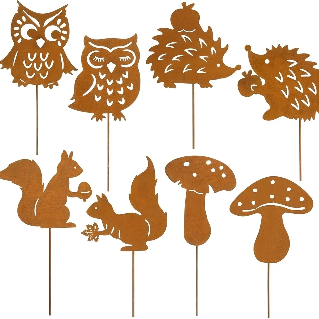 8 Pcs Garden Stakes Rust-proof Iron for Outdoor Yard Owl Mushroom Squirrel Hedgehog Ornaments Patio Lawn Planter Pot Decor
