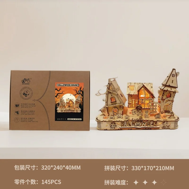 Casa assombrada de Halloween com kit DIY de quebra-cabeça de madeira 3D, decoração de mesa noturna assustadora para adultos