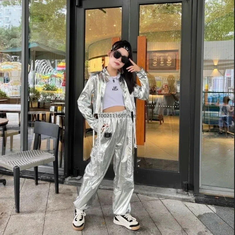 ティーンエイジャー-ジャズダンス-パフォーマンス服-女の子用-ヒップホップ-シルバー-シャイニーレザーセット-子供用-トレンディ-クール-ダンス-パフォーマンスウェア