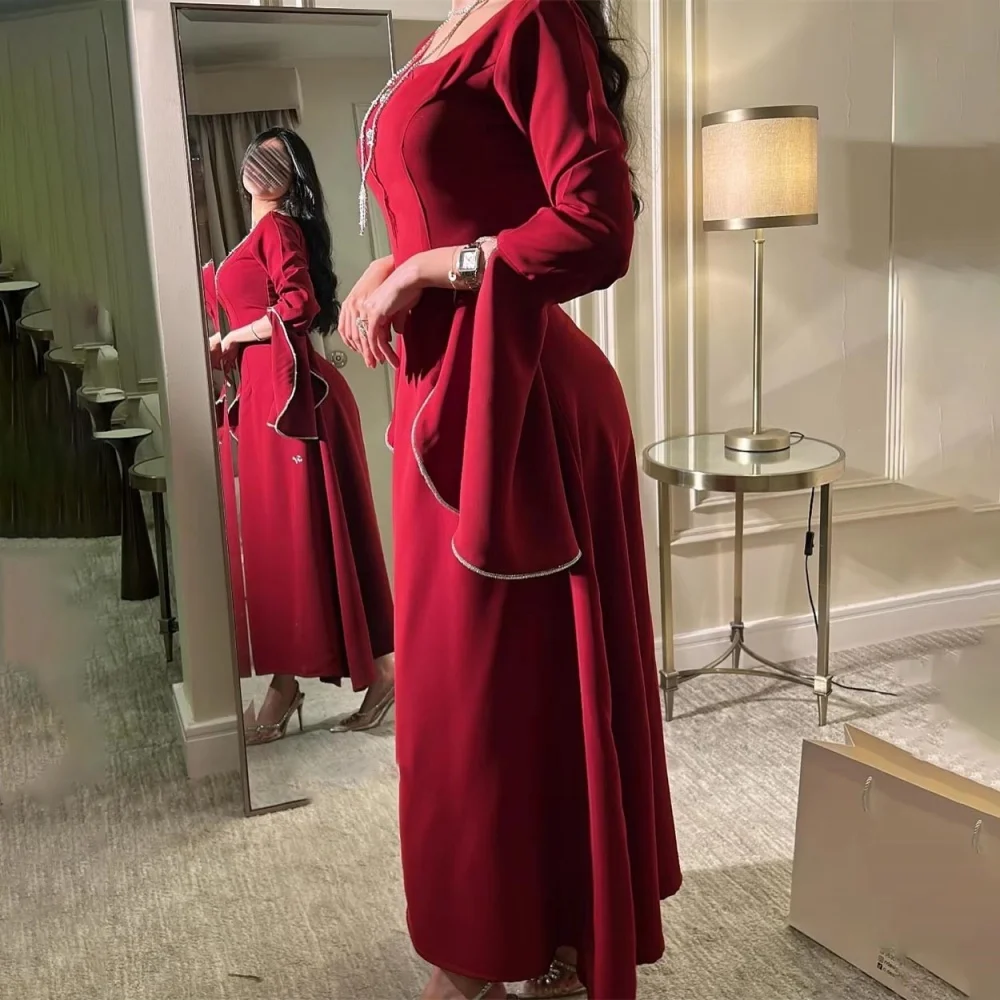 Aangepaste prachtige a-lijn ruches dames galajurk charmante lange mouwen vloerlengte feestjurk kralen dames avondjurk