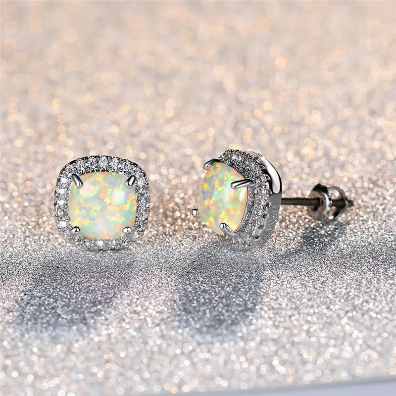 Women's Cute White Fire Opal Stone Round Stud Earrings