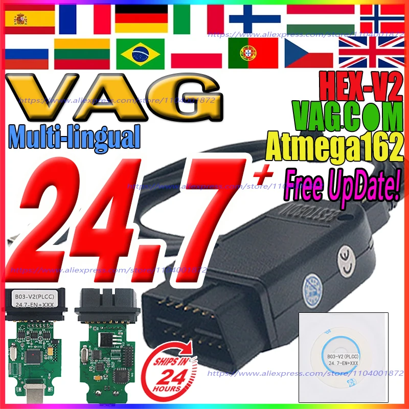 2024 Newest V24.7 VCD'S V23.11 VAG/COMScanner Tools Atmega162 Scanne Diagnostic Cable HEX V2 OBD Tools FOR V-W/AU-DI/Skoda/Seat