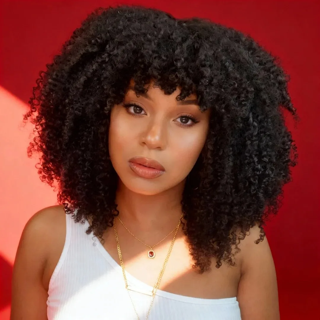 Afro Kinky Curly Echthaar-Perücken mit Pony, Klebefreier Kurzer Bob, 300% Dichte, Brasilianisches Remy-Haar, Maschinengefertigt für Schwarze Frauen