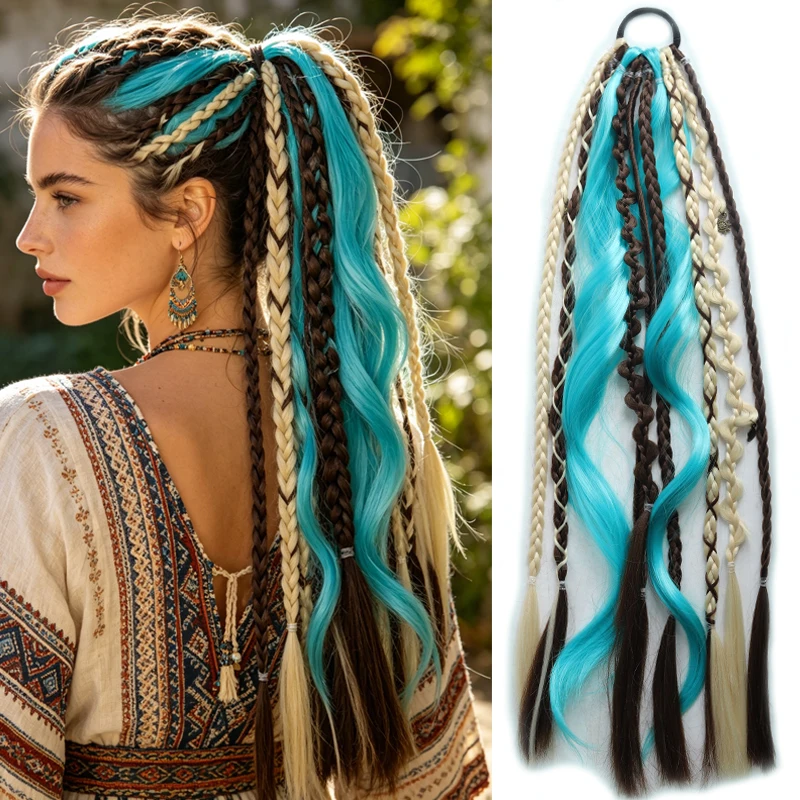 20 Inch Synthetic Bohemian Dread Ponytail Extensions Elastic Braided Hair With Hair Tie For Women