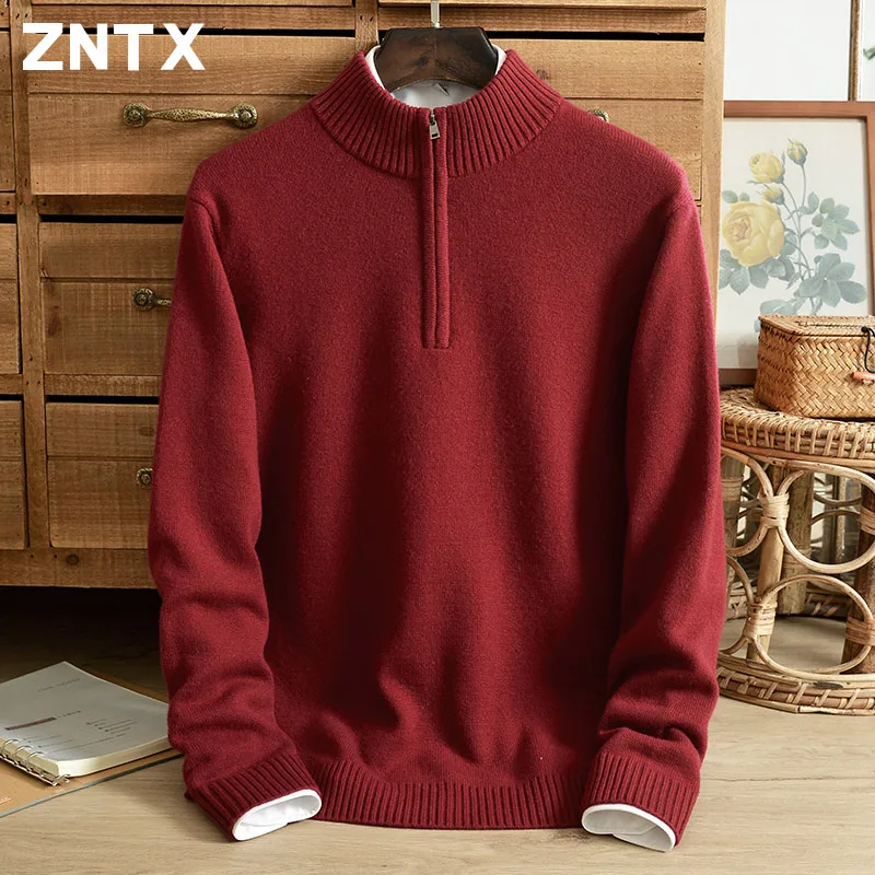 

ZNTX Autumn and winter new zipper half turtleneck men's 100% cashmere sweater solid color middle-aged dad casual knit sweater