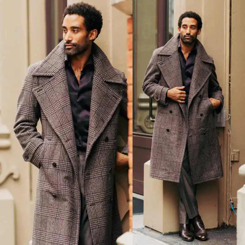 Vintage heren lange overjas dubbele rij knopen gekerfde revers jas blazers herfst winter op maat gemaakte jas uit één stuk