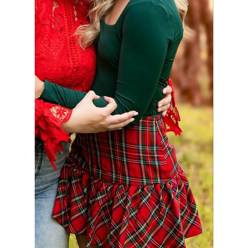 Women Christmas Plaid Ruffle Hem Pleated Short Mini Skirts Y2k Side Zipper Low Rise A-Line Uniform Schoolgirl Outfits