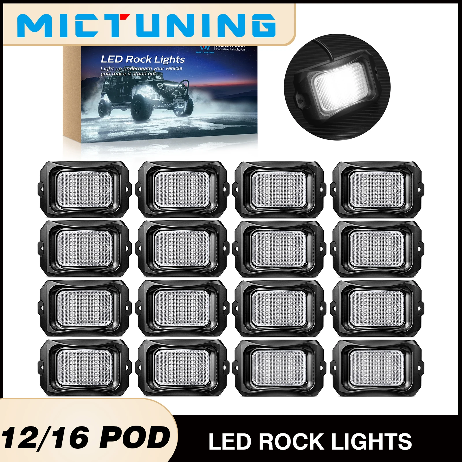 

MICTUNING C2 Изогнутые белые светодиодные рок-фонари, 12/16 стручков, однотонные подсветки, IP68 Водонепроницаемый автомобиль, грузовик, внедорожный квадроцикл, UTV, лодка