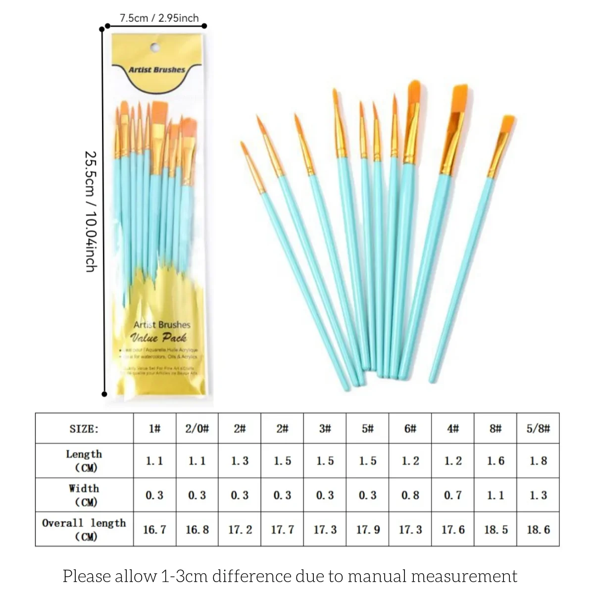 10Pcs Plastic Short Rod Art Painting Watercolor Gouache Oil Brush Multi-color Multi-functional Nylon Hair Paint Brush Artist Set