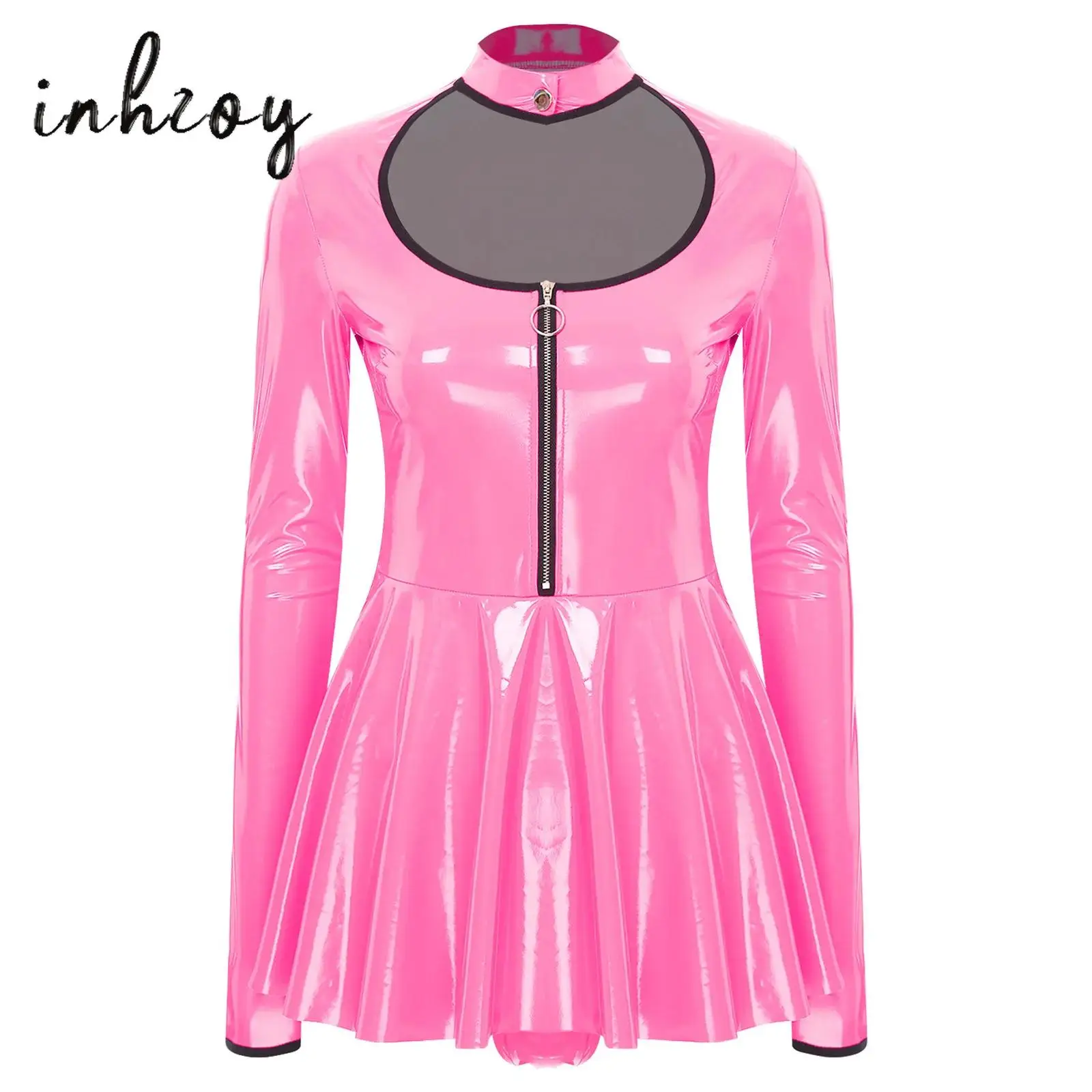 

Womens Glossy Patent Leather Dress Sexy Latex Mini Dress Mock Neck Long Sleeve Cut Out Dress for Nightclub Party Music Festival