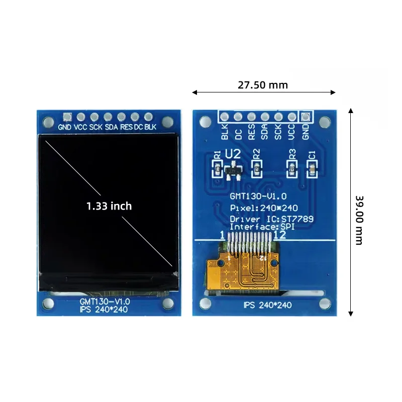 Modulo di visualizzazione schermo LCD TFT SPI quadrato da 1,33 pollici 240x240 - IC driver ST7789, 7 pin/10 pin con opzione libreria di caratteri