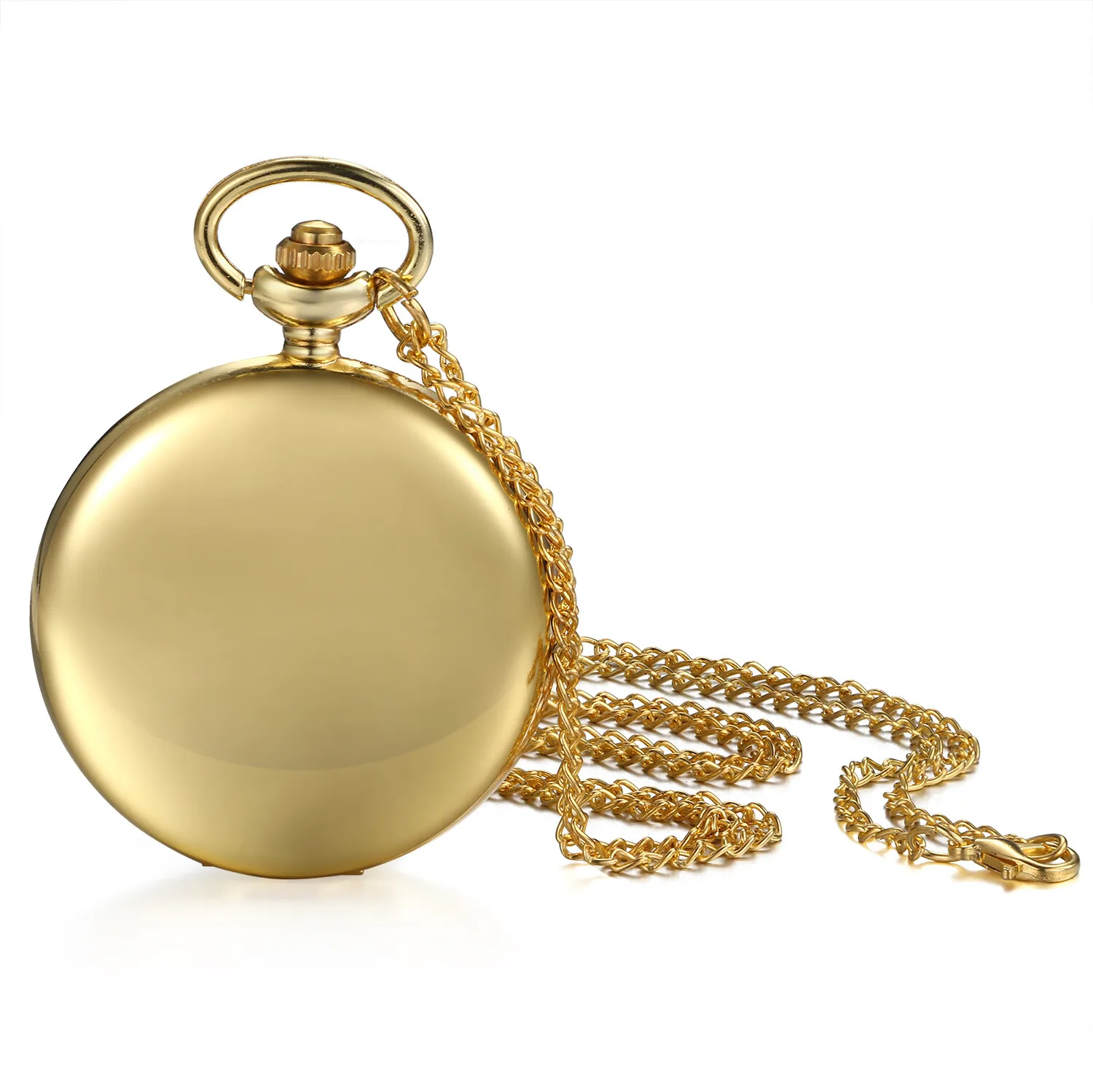 Montre de poche à quartz ronde dorée brillante pour homme, collier chaîne pour pull, unisexe