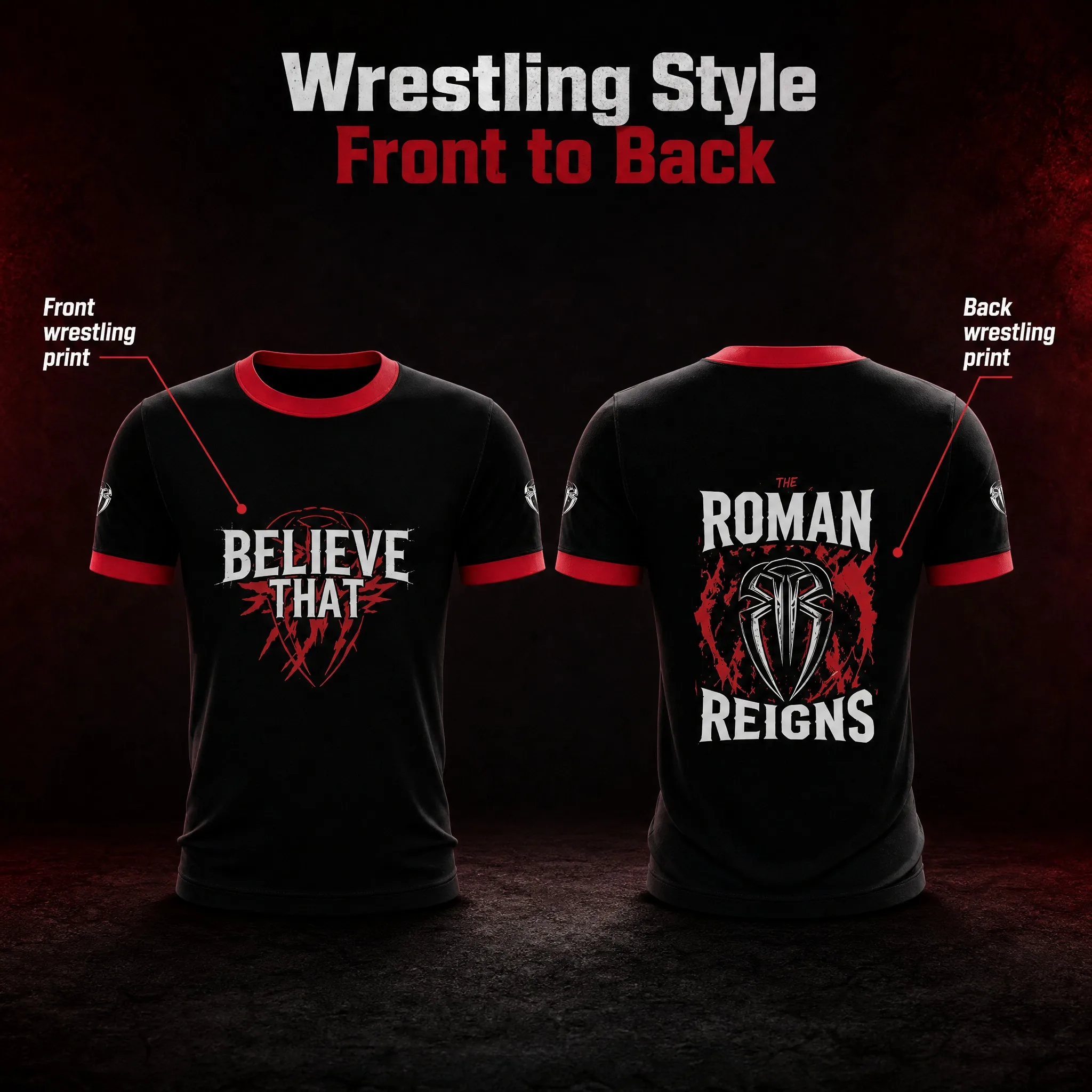 2026 Roman Reigns Believe Wrestling T-shirt Black And Red Contrast Round Neck Short Sleeve Shield Pattern Gym Sports T-shirt