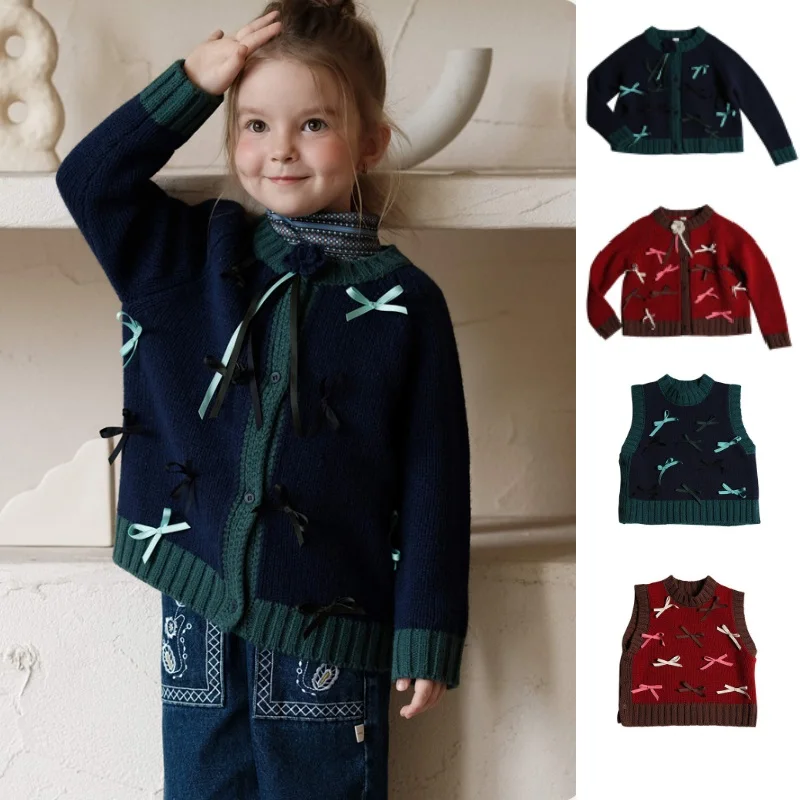 

Girls' Sweater 2025 Winter New Red Fashion Warm Girls' Knitted Wool Sweater Pure Cotton Bow Children's Vest Children's Clothing